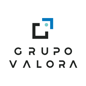 Logotipo de "Grupo Valora" que presenta formas geométricas negras que forman un cuadrado parcial con un punto turquesa y una línea azul en ángulo recto arriba. El nombre de la empresa está escrito en letras mayúsculas negras a continuación.