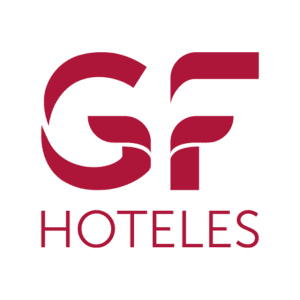 Logotipo de GF Hoteles con letras "GF" en negrita y estilizadas en rojo sobre la palabra "Hoteles" en texto rojo más pequeño.