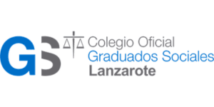 Logotipo del Colegio Oficial de Graduados Sociales de Lanzarote, en el que aparece el acrónimo "GS" en azul y gris, junto con un texto y un icono de una balanza de la justicia.