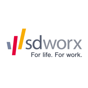 Logotipo de SD Worx que presenta barras de colores en rojo, azul y amarillo seguidas del texto "sdworx" y el lema "Para la vida. Para el trabajo". abajo.