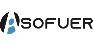 Logotipo de software con un diseño estilizado azul y negro que presenta una forma abstracta a la izquierda y el texto "SOFUEIR" a la derecha.