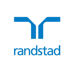 Logotipo de Randstad que presenta una "R" azul estilizada sobre el nombre de la empresa "randstad" en letras minúsculas sobre un fondo blanco.