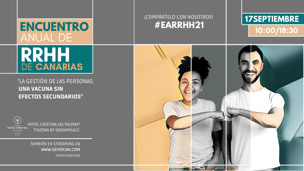 Cartel promocional del Encuentro anual de RRHH 2021 en Canarias, en el que aparecen un hombre y una mujer sonrientes chocando los puños. Incluye fecha y hora: 17 de septiembre, de 10:00 a 18:30, y detalles del evento y hashtags.