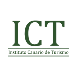 Logotipo del Instituto Canario de Turismo con la abreviatura "ICT" en letras grandes de color verde encima del nombre completo en texto más pequeño, todo sobre fondo blanco, representando con orgullo a las empresas asociadas a GEHOCAN.