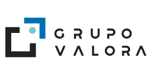 Logotipo de Grupo Valora con formas geométricas en negro y azul a la izquierda y el nombre de la empresa en letras negras en negrita a la derecha.