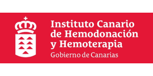 Logotipo del Instituto Canario de Hemodonación y Hemoterapia, formado por una corona y motivos triangulares, con texto que indica que forma parte del Gobierno de Canarias, sobre fondo rojo.