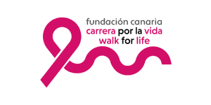 Logotipo de Fundación Canaria Carrera por la Vida/Walk for Life, con un lazo rosa formando una persona estilizada, con texto en español e inglés.