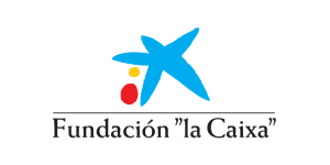 Logotipo de la Fundación "la Caixa" que presenta una figura en forma de estrella azul con círculos amarillos y rojos debajo, y el nombre de la organización escrito debajo en letra serif.