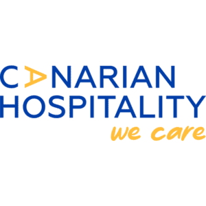 Logotipo de Hostelería Canaria con texto en azul y "we care" en naranja, representando con orgullo a las empresas asociadas a GEHOCAN.