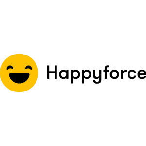 Ícono de cara sonriente amarilla junto al texto "Happyforce", resaltando su conexión con empresas asociadas a GEHOCAN, sobre un fondo blanco.