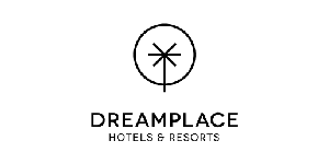 Logotipo de Dreamplace Hotels & Resorts que presenta un ícono de palmera geométrica simple encima del texto "Dreamplace Hotels & Resorts" sobre un fondo blanco.