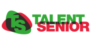 Logotipo de "Talent Senior" con las iniciales "TS" dentro de una forma triangular alternando colores verde y rojo. Las palabras "Talento" y "Senior" se muestran en texto verde y rojo, respectivamente.