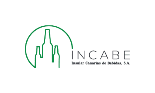 Logotipo de Insular Canarias de Bebidas, S.A. (INCABE) que presenta tres contornos de botellas verdes dentro de un círculo verde a la izquierda y el nombre de la empresa a la derecha.