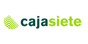 Logotipo de Cajasiete con texto en verde. La palabra "Caja" está en verde oscuro y "siete" en verde claro, acompañadas de un diseño abstracto verde a la izquierda.