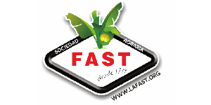 Logotipo de Sociedad Agraria FAST con el nombre de la organización, un gráfico de una planta verde en la parte superior y el texto "desde 1975" debajo. El sitio web www.lafast.org está en la esquina inferior derecha.