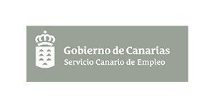 Logotipo del Gobierno de Canarias Servicio Canario de Empleo, con fondo gris con texto blanco y emblema con una corona en el lado izquierdo.