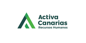 Logotipo de Activa Canarias Recursos Humanos con diseño triangular verde a la izquierda y nombre de la empresa en texto verde oscuro a la derecha, promocionando Job Dating 2023.