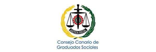 Logotipo del Consejo Canario de Graduados Sociales que presenta un símbolo de escala con el texto "Justicia Social" debajo, rodeado por una corona de laurel.