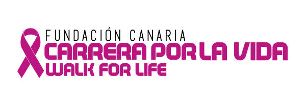 Logotipo de Fundación Canaria "Carrera por la Vida - Walk for Life", con el símbolo de un lazo rosa.