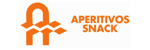 Logotipo naranja con patrones superpuestos a la izquierda y el texto "Aperitivos Snack" en letras naranjas negritas a la derecha sobre fondo blanco.