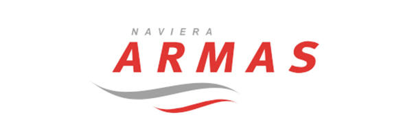 El logo de Naviera Armas en rojo y gris con ondas estilizadas debajo del texto.