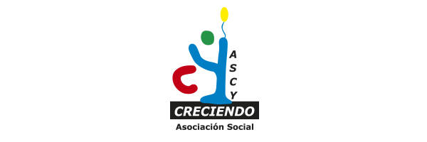 El logotipo de Creciendo Asociación Social presenta una persona estilizada de color azul sosteniendo un globo amarillo, con una forma abstracta roja a la izquierda y el acrónimo "ASCY" a la derecha.