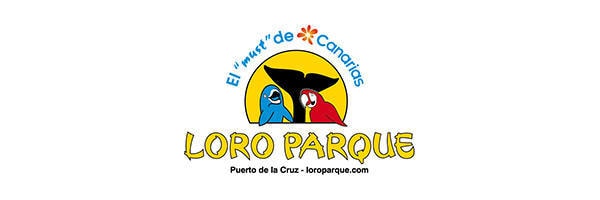 Logotipo de Loro Parque con dos loros y una cola de ballena. El texto dice: "El 'must' de Canarias", "Loro Parque" y "Puerto de la Cruz - loroparque.com.