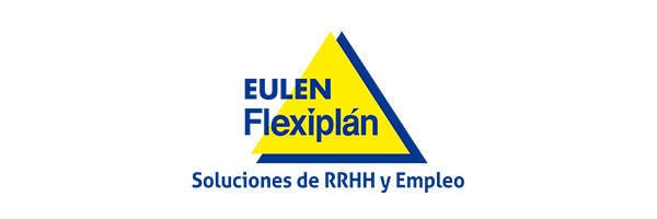 Logotipo de EULEN Flexiplán formado por un triángulo amarillo con el nombre de la empresa en texto azul y el subtítulo "Soluciones de RRHH y Empleo".