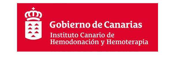 Estandarte rojo con texto blanco que dice "Gobierno de Canarias, Instituto Canario de Hemodonación y Hemoterapia" y escudo blanco.