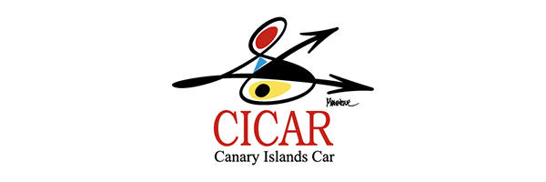 Logotipo de Cicar Canary Islands Car que presenta un diseño abstracto con una combinación de colores rojo, azul y amarillo y el nombre de la empresa debajo.