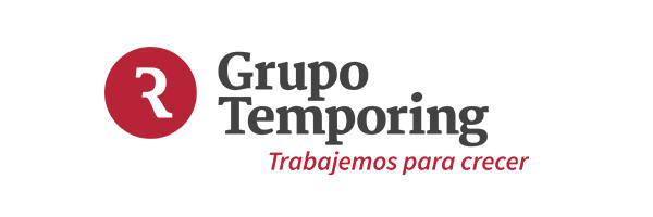 Logotipo de Grupo Temporing con un símbolo circular rojo que contiene la letra "R" y el lema "Trabajemos para crecer" escrito debajo en texto rojo.