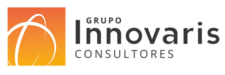 Logotipo de Grupo Innovaris Consultores que presenta un diseño abstracto naranja y blanco a la izquierda y el nombre de la empresa en letras negras en negrita a la derecha.