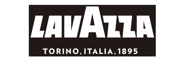 Logotipo de Lavazza con texto "Torino, Italia, 1895" en blanco sobre fondo negro.