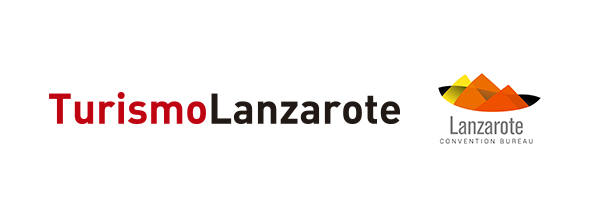 Logotipo para Turismo Lanzarote y Lanzarote Convention Bureau con texto y diseño abstracto de coloridas montañas triangulares.