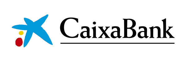 Logotipo de CaixaBank formado por una estrella azul con puntos rojos y amarillos a la izquierda y el texto "CaixaBank" en negro a la derecha.