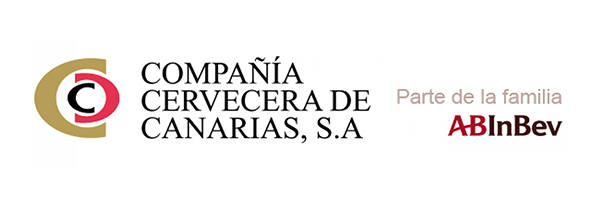 Logotipo de Compañía Cervecera de Canarias, S.A, parte de la familia AB InBev. Presenta un emblema "C" estilizado a la izquierda del nombre de la empresa y el logotipo de AB InBev a la derecha.