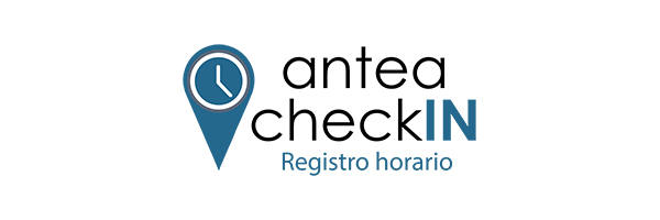 Logotipo de Antea CheckIN con el texto "antea checkIN Registro horario" y un icono de ubicación que contiene un reloj.