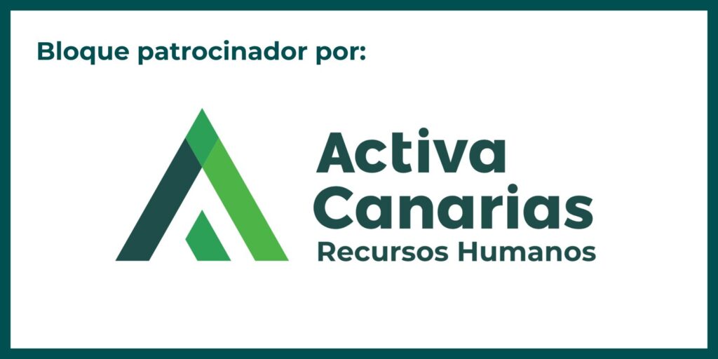 Imagen de un logotipo de "Activa Canarias Recursos Humanos" con un diseño triangular verde a la izquierda. El texto sobre el logotipo dice: "Bloque patrocinador por:" en español, en relación con el encuentro anual de RRHH.