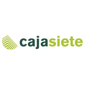 Logotipo de Cajasiete, en el que aparece el texto "cajasiete" en letras verdes y verde claro, junto a una estilizada hoja verde.