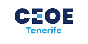 Logotipo de CEOE Tenerife que presenta las siglas "CEOE" en color azul oscuro con un cuadrado en color azul claro y la palabra "Tenerife" en color azul claro debajo.