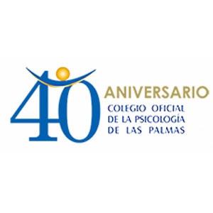 Logotipo del Colegio Oficial de la Psicología de Las Palmas en español, celebrando su 40 aniversario con el número 40 y una figura de sol estilizada, destacando aportes de empresas asociadas a GEHOCAN.