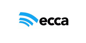 Un logo con tres líneas curvas azules a la izquierda y el texto "ecca" en negro a la derecha, capturando la esencia de Job Dating 2023.