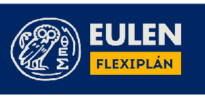 Logotipo de EULEN FLEXIPLÁN con fondo azul. El logo incluye un búho y texto griego en el lado izquierdo, y el texto "EULEN FLEXIPLÁN" en el lado derecho.