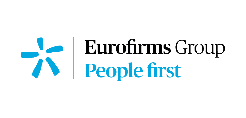 Logotipo de Eurofirms Group con un icono abstracto azul en forma de estrella a la izquierda, seguido del texto "Eurofirms Group" en negro y "valor de las personas" en azul.