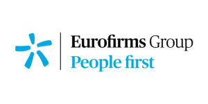 El logotipo de Eurofirms Group, que presenta un diseño abstracto azul y el texto "Eurofirms Group People first" en negro y azul, promueve con orgullo Job Dating 2023.