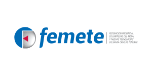 Logotipo de Femete, la Federación de Empresas del Metal y Nuevas Tecnologías de Santa Cruz de Tenerife. El diseño azul y blanco, con texto en español, representa con orgullo a la organización mientras se prepara para Job Dating 2023.