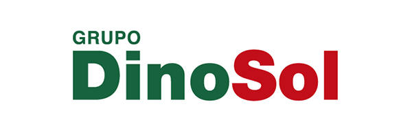 La imagen muestra el logo de Grupo DinoSol, con "Grupo" en verde y "DinoSol" en texto verde y rojo sobre fondo blanco, destacando su participación en la feria de empleo 2019.