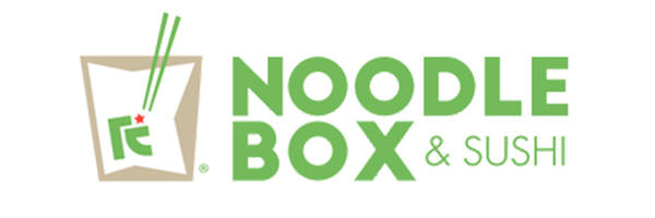 Logotipo de Noodle Box & Sushi con texto verde y una estilizada caja de comida para llevar con palillos, promocionando su aparición en la Feria de Empleo 2019.