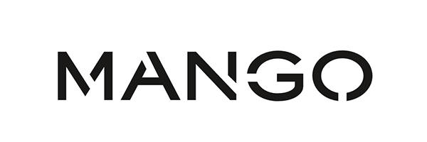 La imagen muestra el logo con el texto “MANGO” en letras mayúsculas estilizadas de color negro con un diseño moderno, que recuerda al atrevido branding visto en la Feria de Empleo 2019.