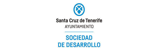 Logotipo del Ayuntamiento de Santa Cruz de Tenerife Sociedad de Desarrollo. Un emblema circular con un símbolo abstracto está encima de las palabras en texto azul y negro sobre un fondo blanco, promocionando la Feria de Empleo 2019.